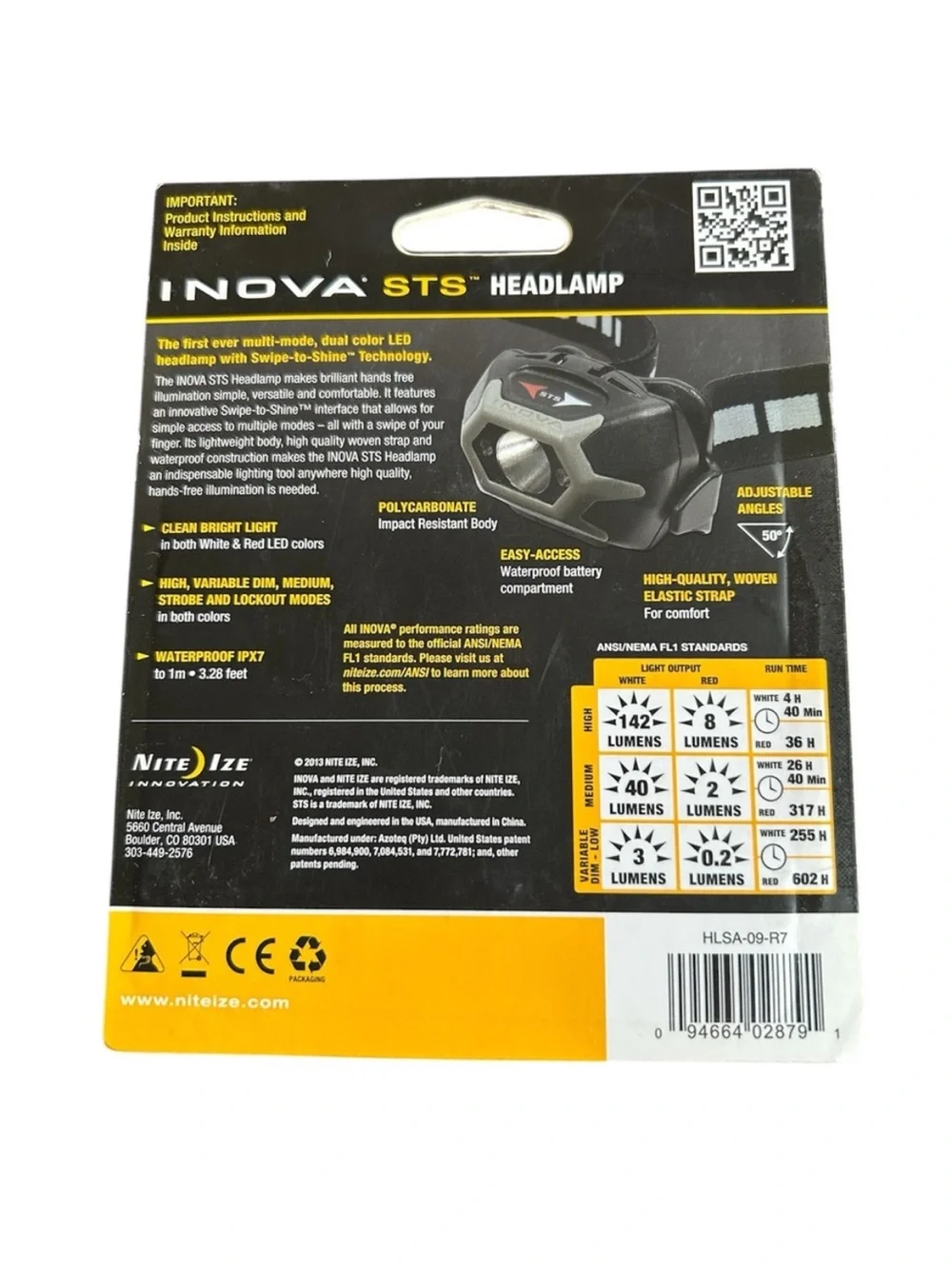 NEW INOVA STS Headlamp Charcoal HLSA 09-R7 sealed Max Output 142 Lumens 5 modes